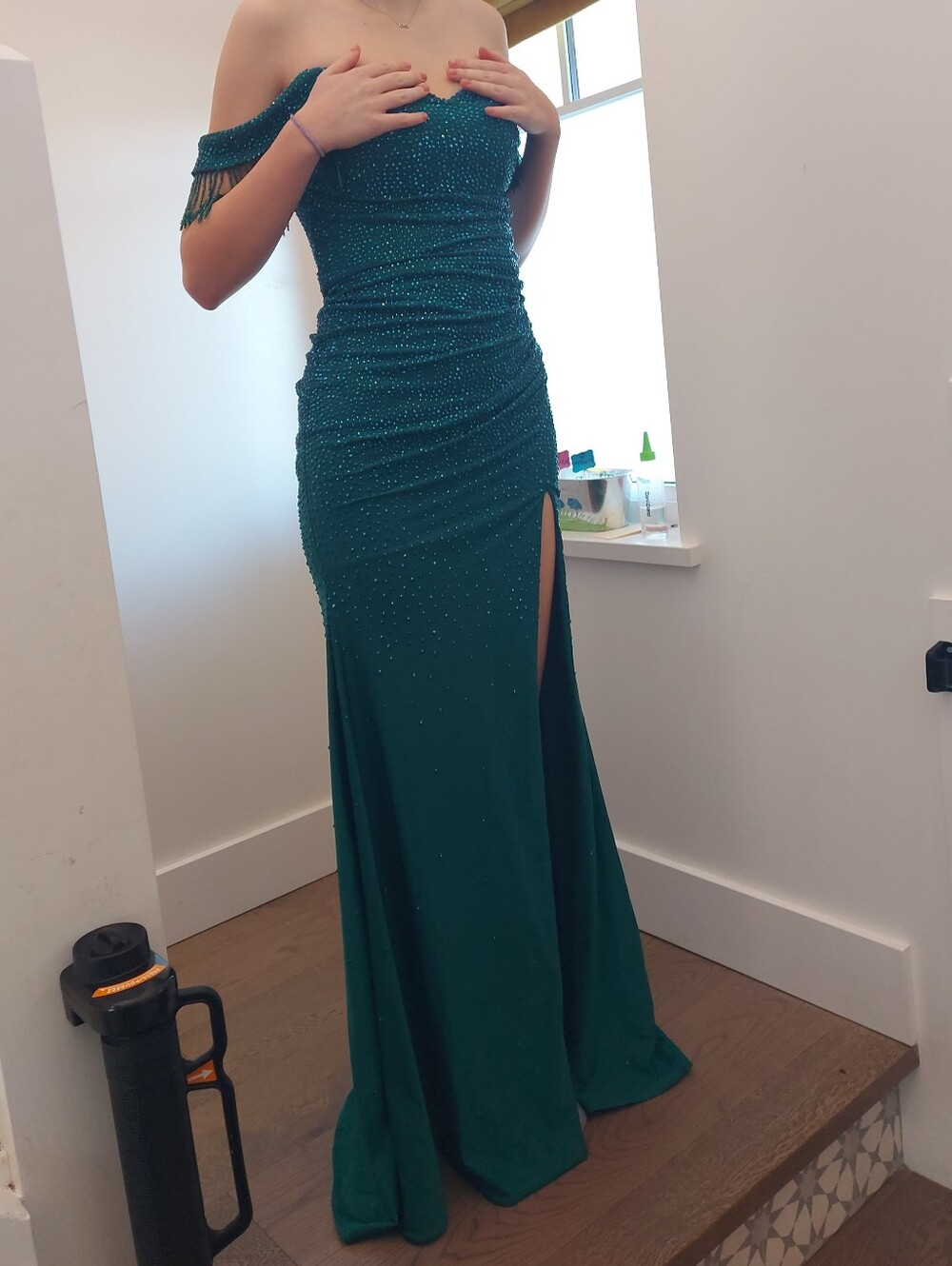 Off-Shoulder Emerald Evening Gown with Thigh Slit